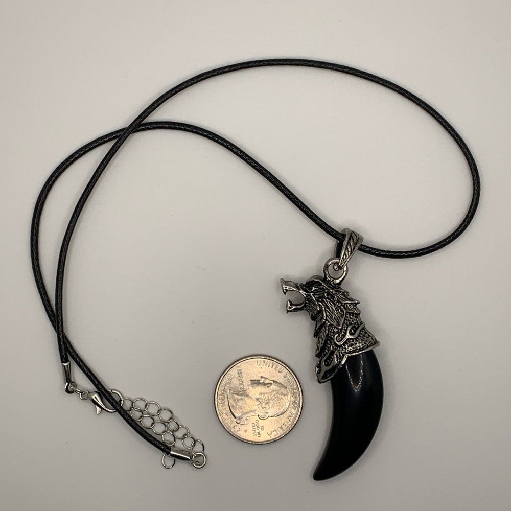 Wolf Tooth Pendant Mens Crystal Necklace Obsidian Necklace Gift for Boyfriend - Picture 2 of 3